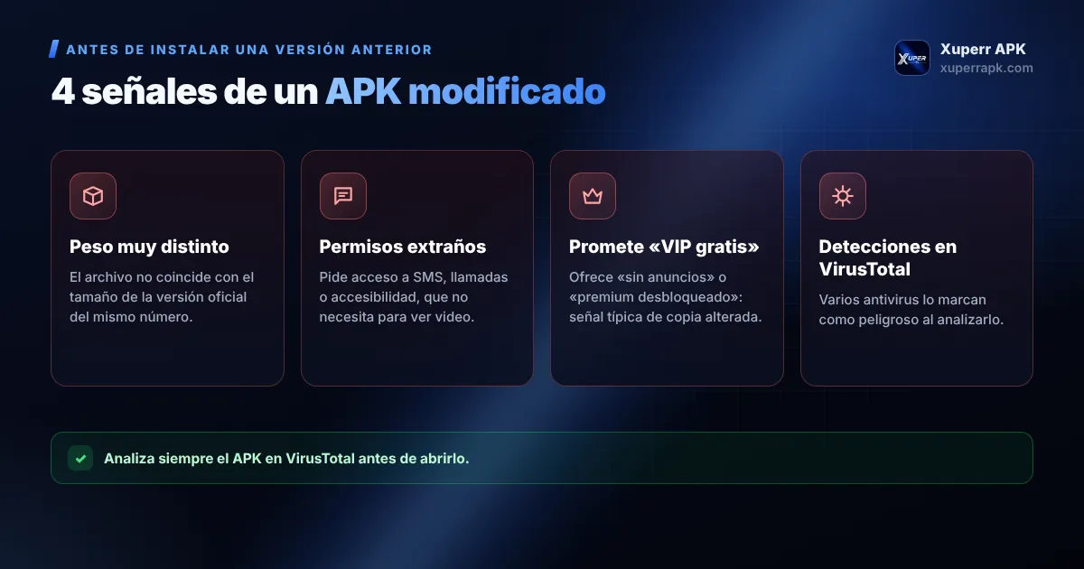 Señales de que un APK de Xuper TV fue modificado